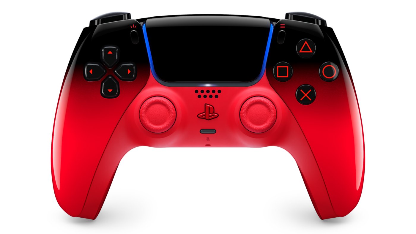 A DualSense controller in Techno Red, fading from black at the top to bright red at the grips