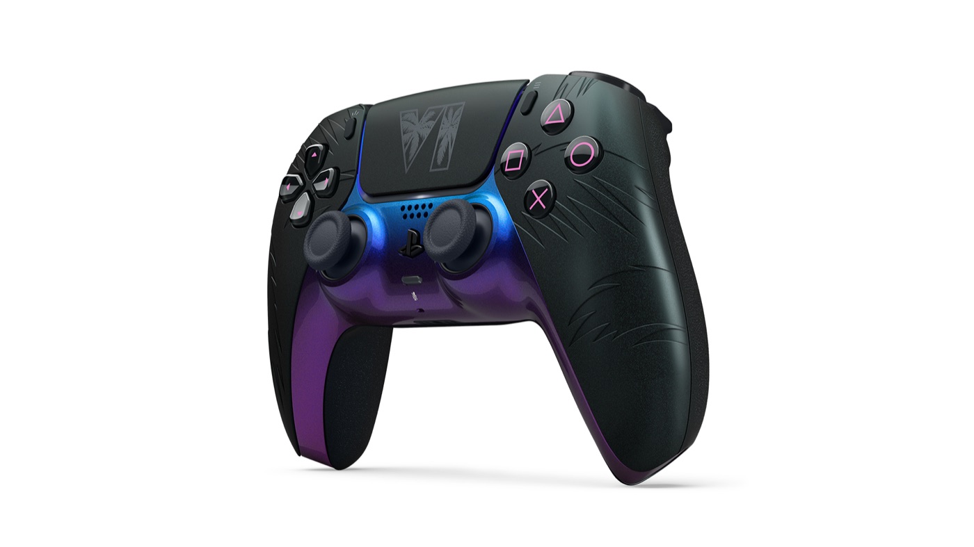 The Grand Theft Auto VI Black Limited Edition DualSense controller with a color-shifting blue and purple finish and palm tree details