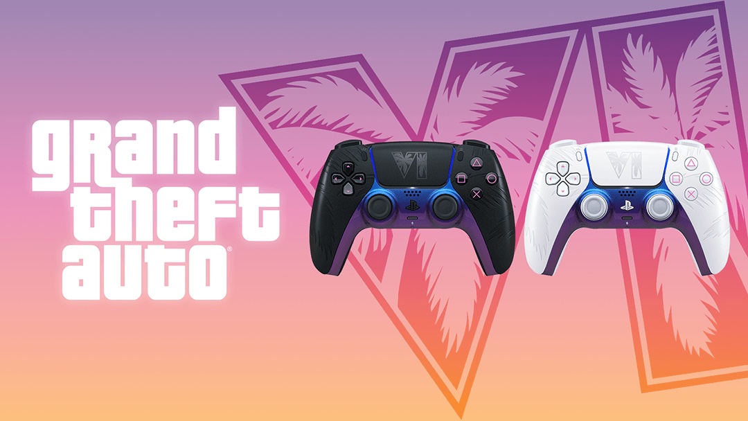 The black and white Grand Theft Auto VI Limited Edition DualSense controllers in front of the GTA VI logo