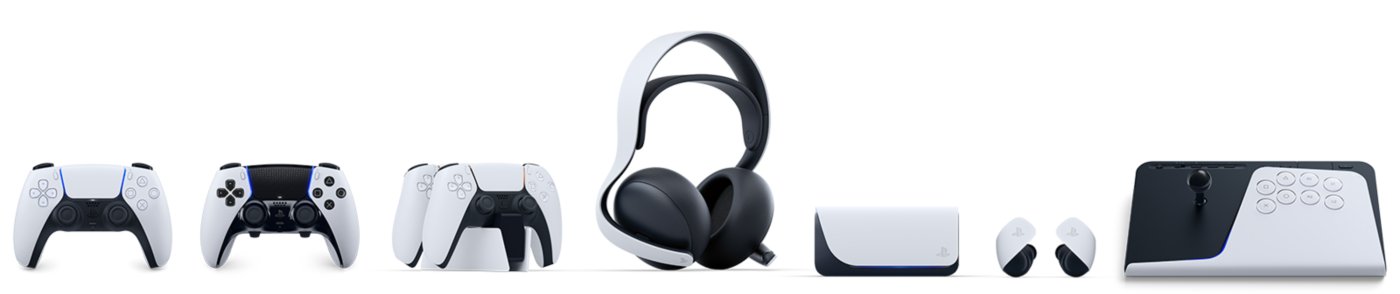 PlayStation's accessory lineup in white: DualSense, DualSense Edge, the DualSense charging station, the Pulse Elite headset, Pulse Explore earbuds, and an arcade fight stick