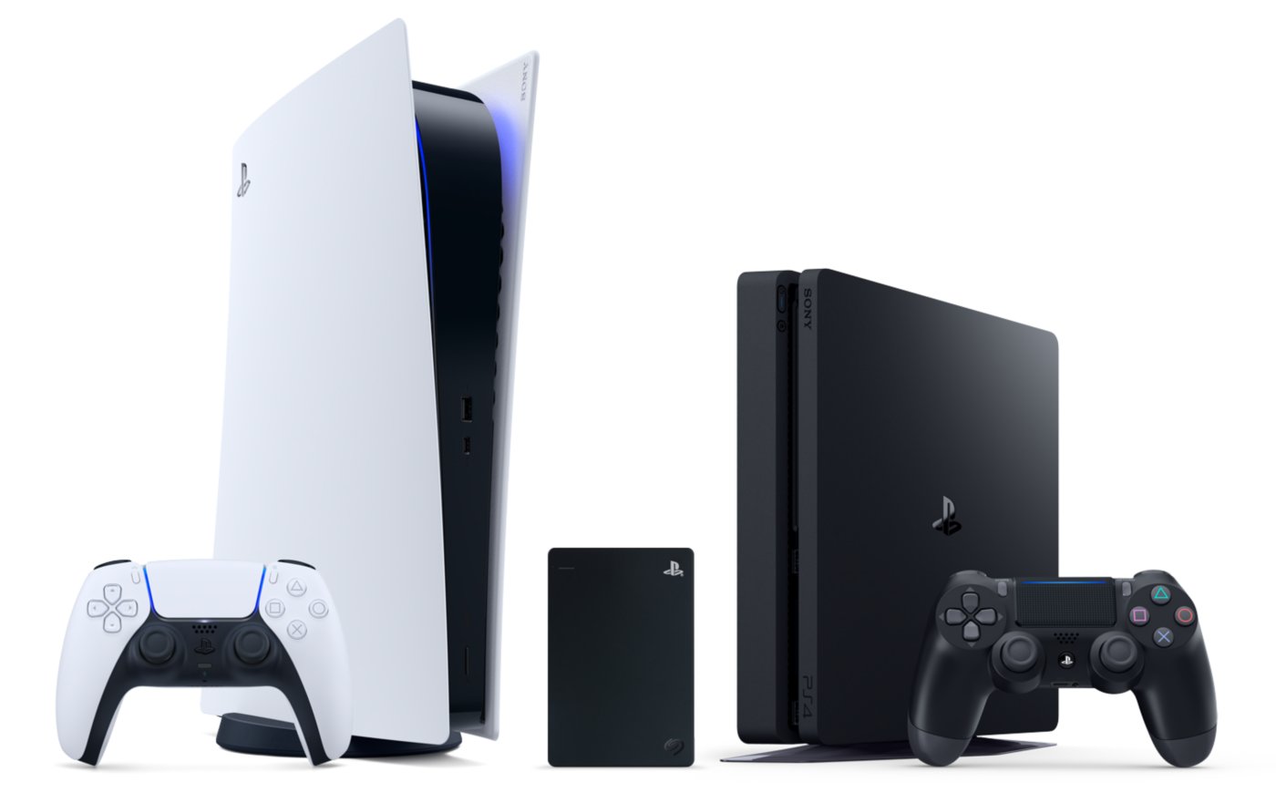 A PS5 Digital Edition and a PS4 with a PlayStation-branded Seagate external drive between them
