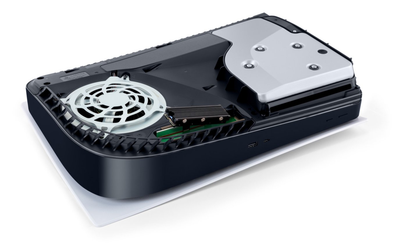 A PS5 with its side cover removed, showing an M.2 SSD with a heatsink installed in the expansion slot